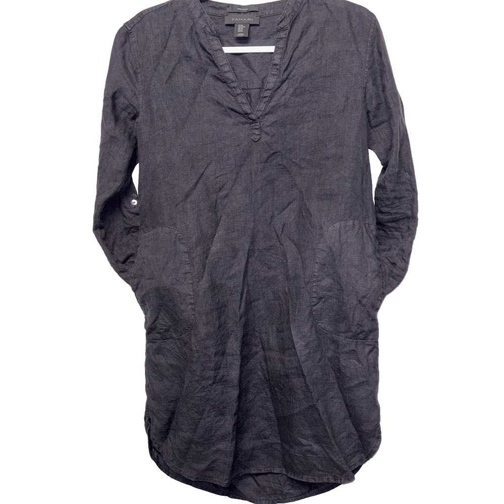 Tahari 100% Linen Tunic Shirt Dress XS Pockets Minimal Monochrome Casual Comfort